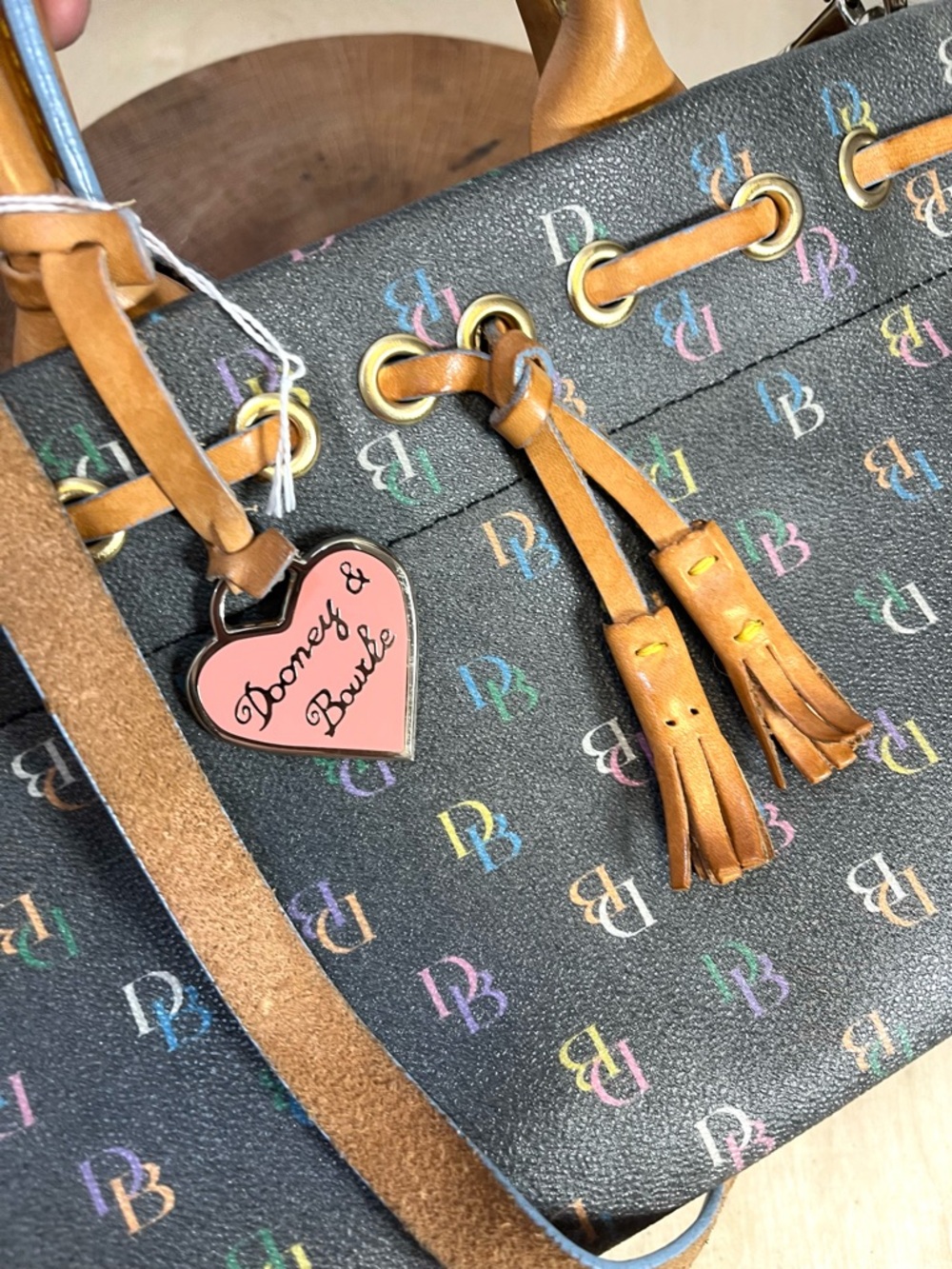 Vintage Dooney & Bourke All Weather Leather Satchel Brown Tan Brass Duck Fob - Picture 5 of 16